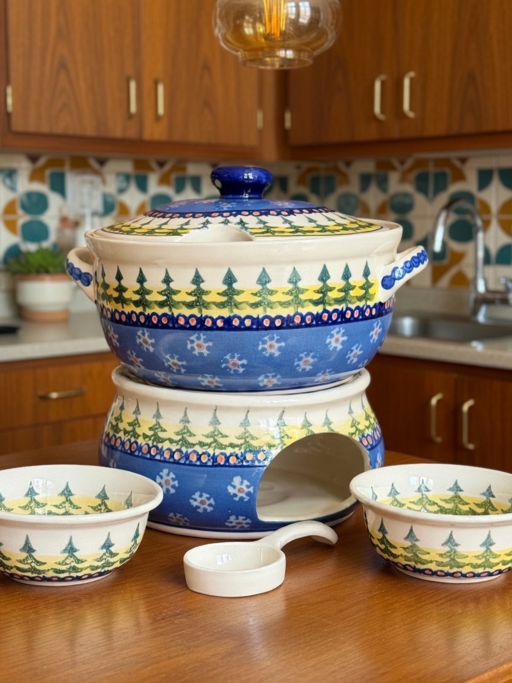 Vintage Hand-Painted Polish Pottery Fondue/Small Soup Tureen Blue and cream